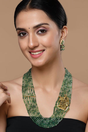Green And Gold Layered Necklace With Kundan And Pearls