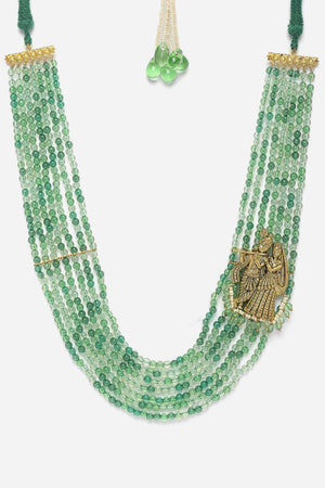 Green And Gold Layered Necklace With Kundan And Pearls