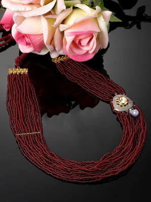 Red And Gray Layered Necklace With Kundan And Pearls