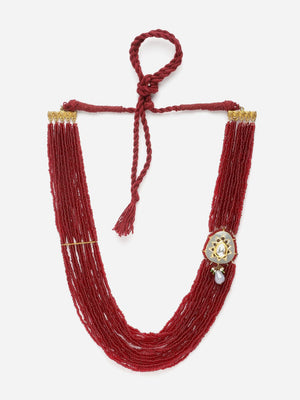 Red And Gray Layered Necklace With Kundan And Pearls