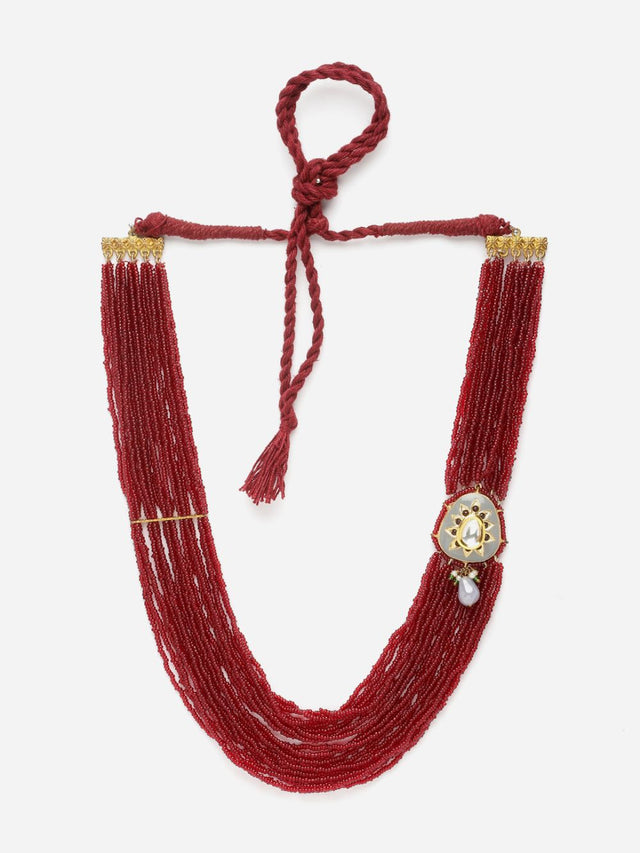 Red And Gray Layered Necklace With Kundan And Pearls