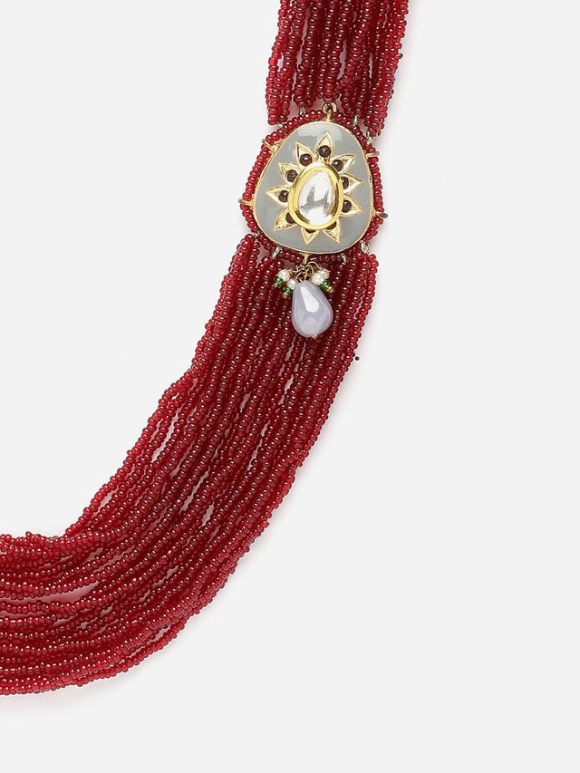 Red And Gray Layered Necklace With Kundan And Pearls