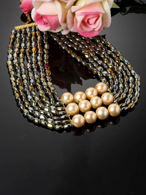 Black And Cream Layered Necklace With Pearls And Natural Stones