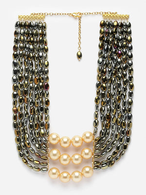 Black And Cream Layered Necklace With Pearls And Natural Stones