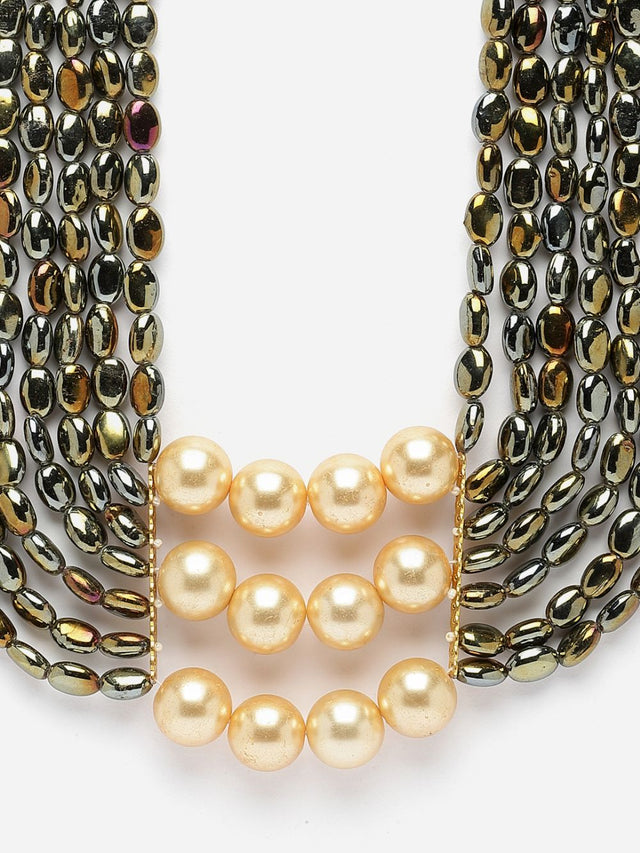 Black And Cream Layered Necklace With Pearls And Natural Stones