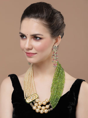 Green And Peach Layered Necklace With Kundan And American Diamonds