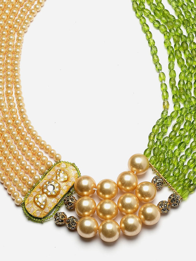 Green And Peach Layered Necklace With Kundan And American Diamonds