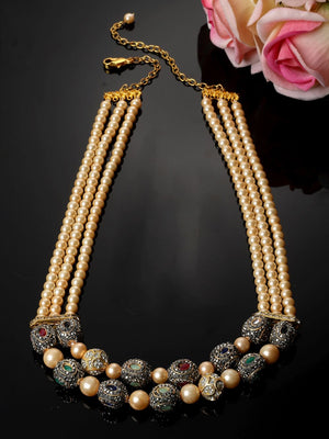 Green And Pink Layered Necklace With Kundan And American Diamonds