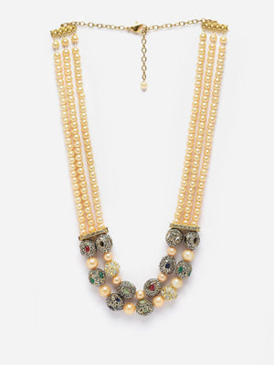 Green And Pink Layered Necklace With Kundan And American Diamonds