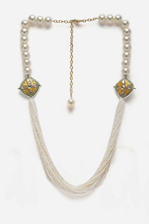 Grey And Cream Layered Necklace With Kundan And Pearls