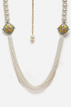 Grey And Cream Layered Necklace With Kundan And Pearls
