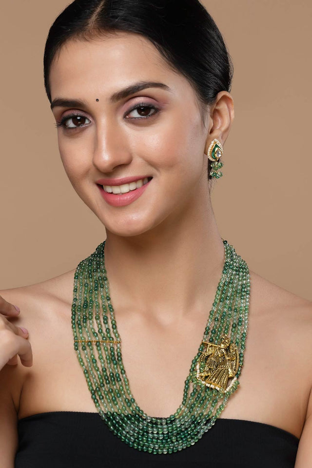 Green And Gold Necklace With Earring Jewelry Set Kundan And Pearls