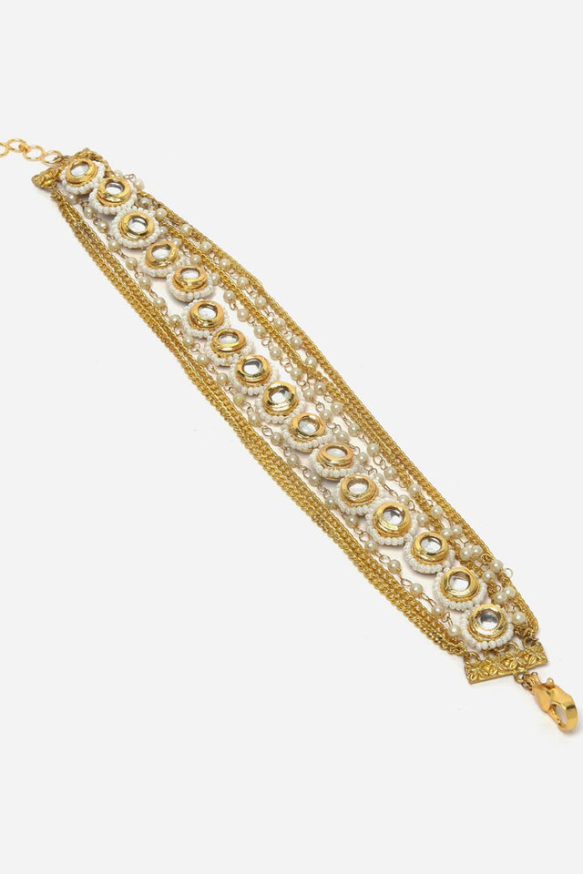Gold And White Adjustable Anklet With Kundan And Pearls
