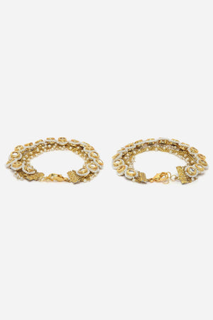 Gold And White Adjustable Anklet With Kundan And Pearls