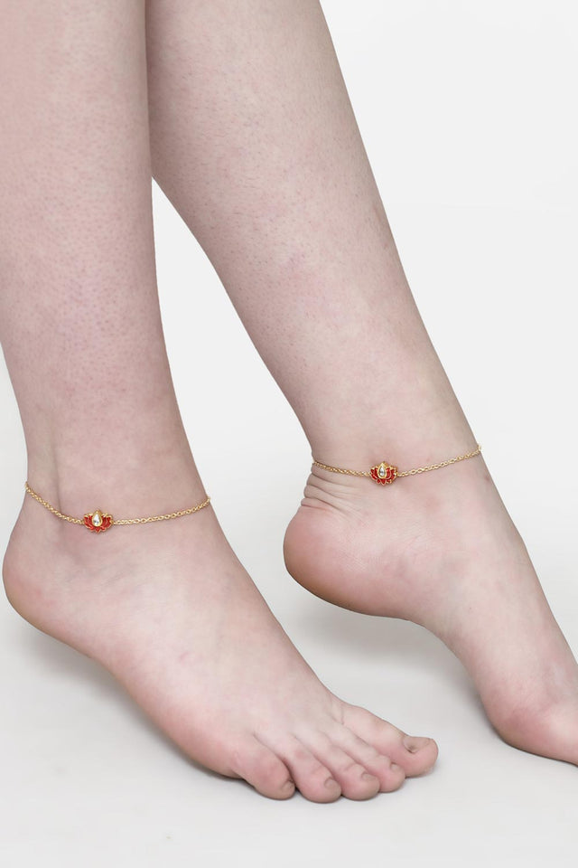 Red And Gold Adjustable Anklet With Kundan And Pearls