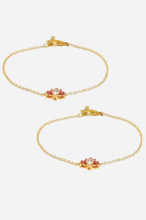 Red And Gold Adjustable Anklet With Kundan And Pearls