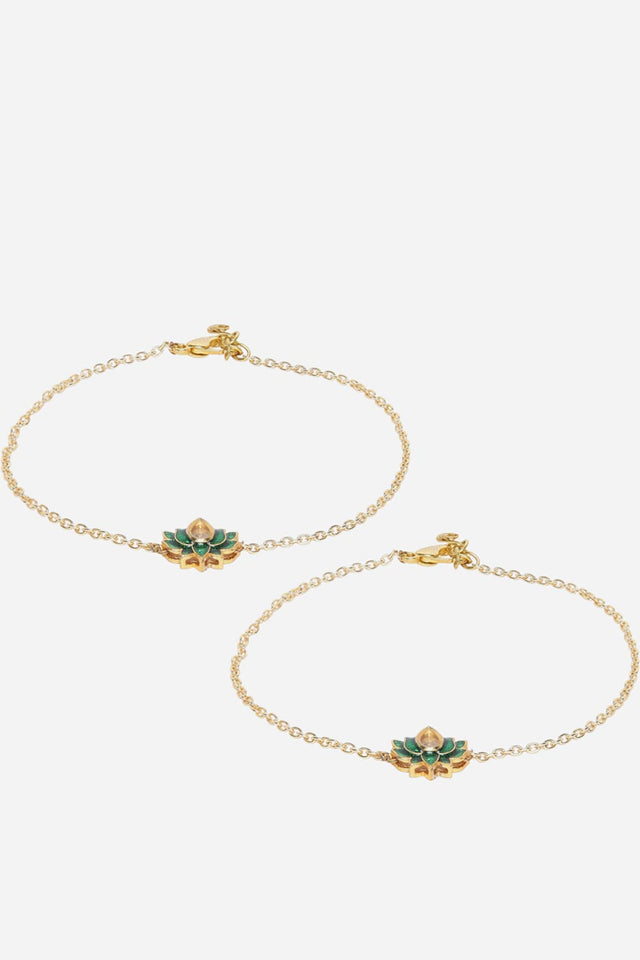 Green And Gold Adjustable Anklet With Kundan And Pearls (DGOF23003)