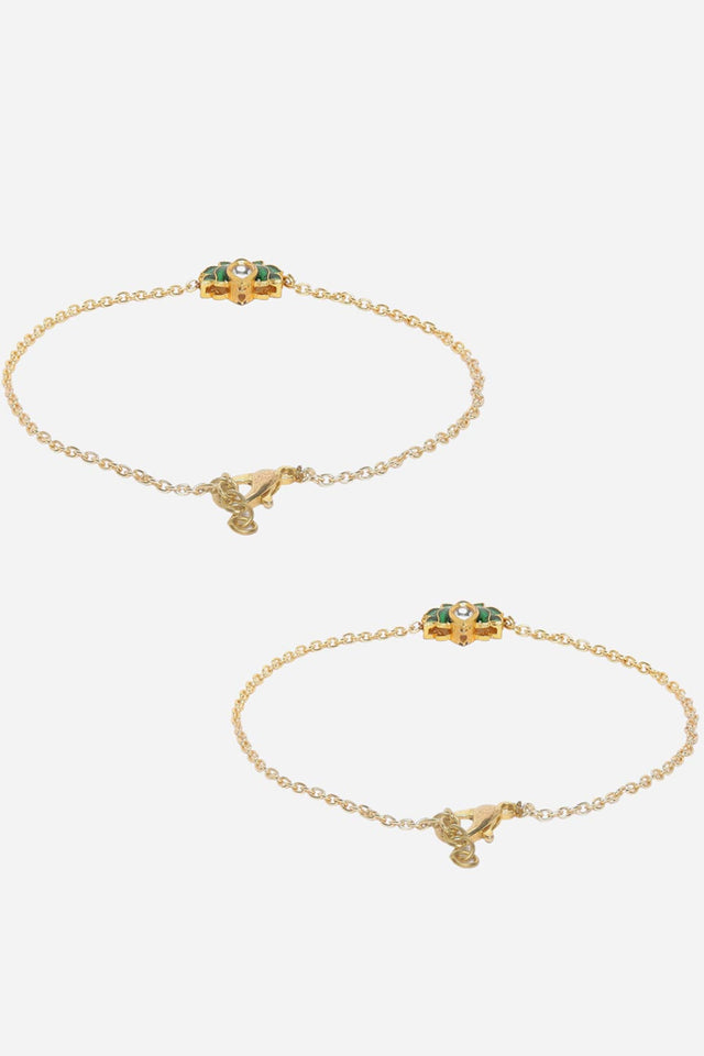 Green And Gold Adjustable Anklet With Kundan And Pearls (DGOF23003)