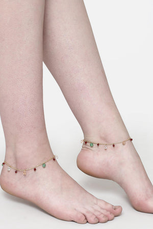 Green And Peach Adjustable Anklet With Kundan And Pearls