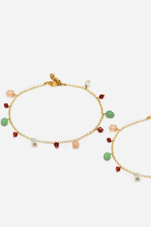 Green And Peach Adjustable Anklet With Kundan And Pearls