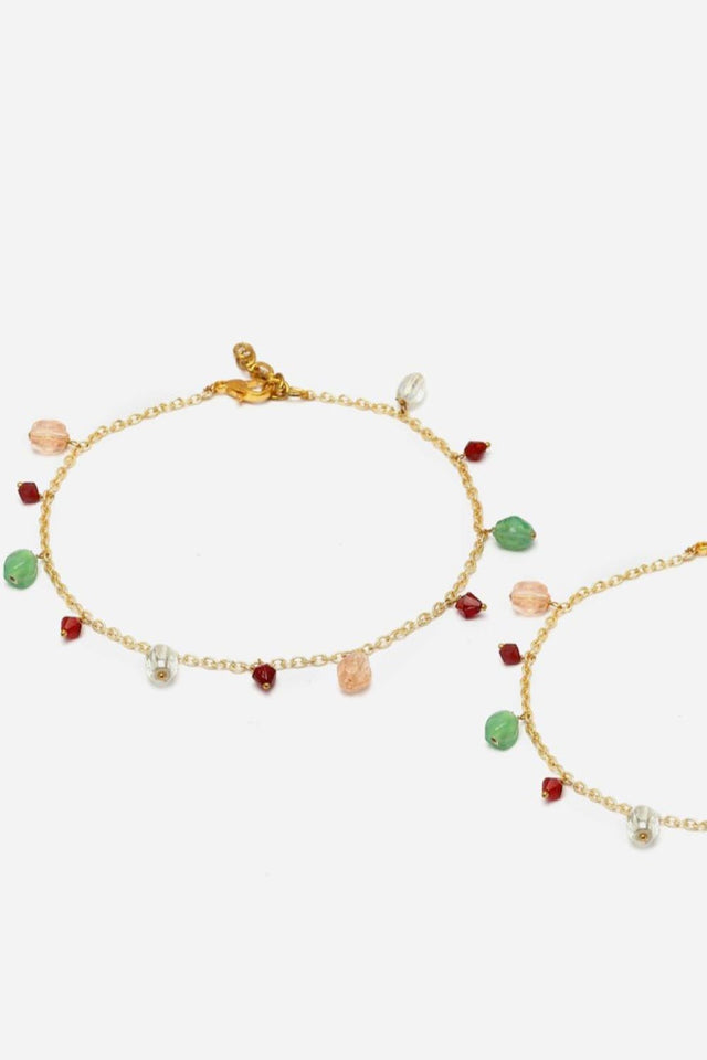 Green And Peach Adjustable Anklet With Kundan And Pearls