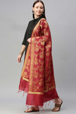 Buy Art Silk Zari Woven Dupatta in Maroon Online - Back