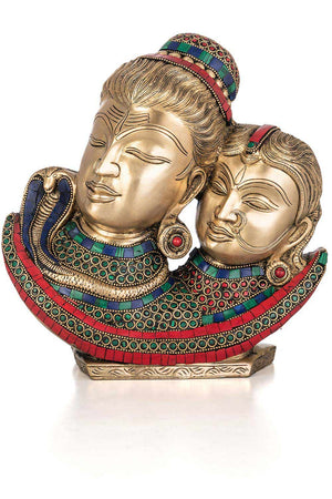 Brass Shiv Parvati Bust Showpiece With Stonework Decor