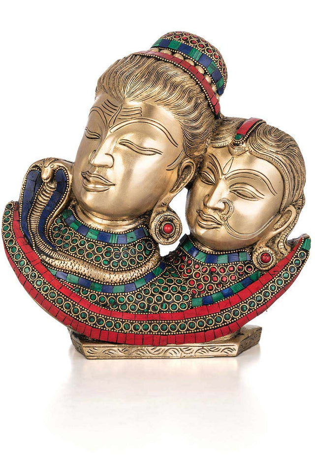 Brass Shiv Parvati Bust Showpiece With Stonework Decor