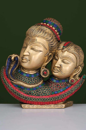 Brass Shiv Parvati Bust Showpiece With Stonework Decor