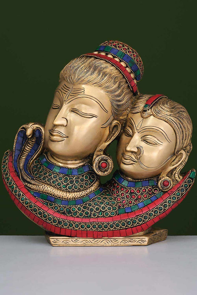 Brass Shiv Parvati Bust Showpiece With Stonework Decor