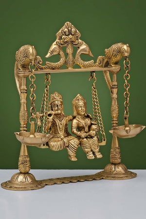 Brass Radha Krishna Swing Parrot With Oil Lamp