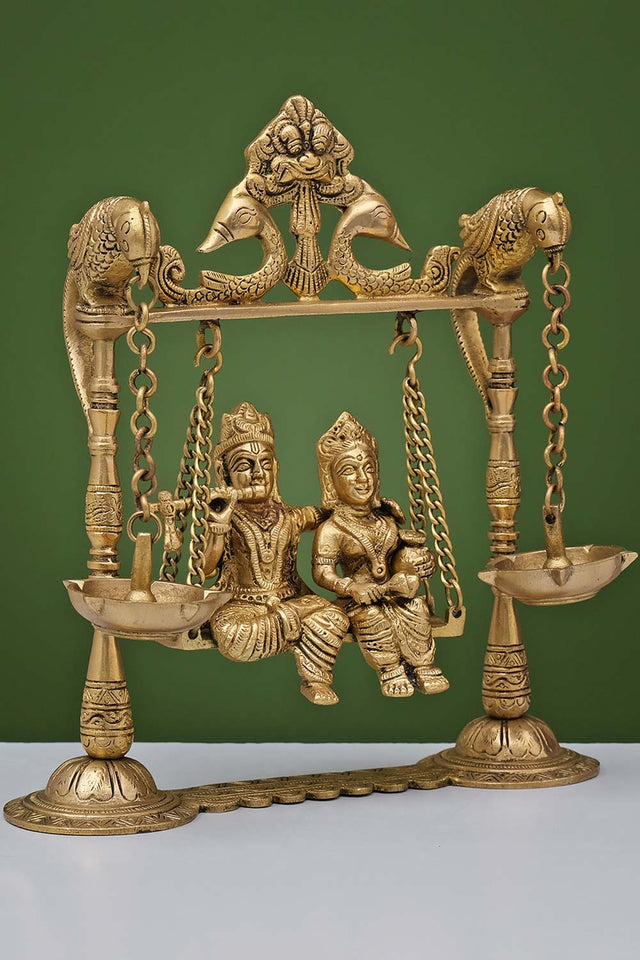 Brass Radha Krishna Swing Parrot With Oil Lamp