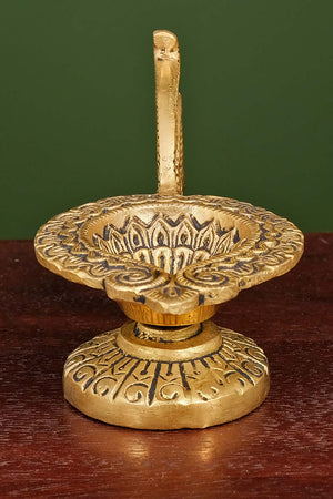 Ethnic Carved Brass Diya With 4 Wicks For Pooja Room And Temple