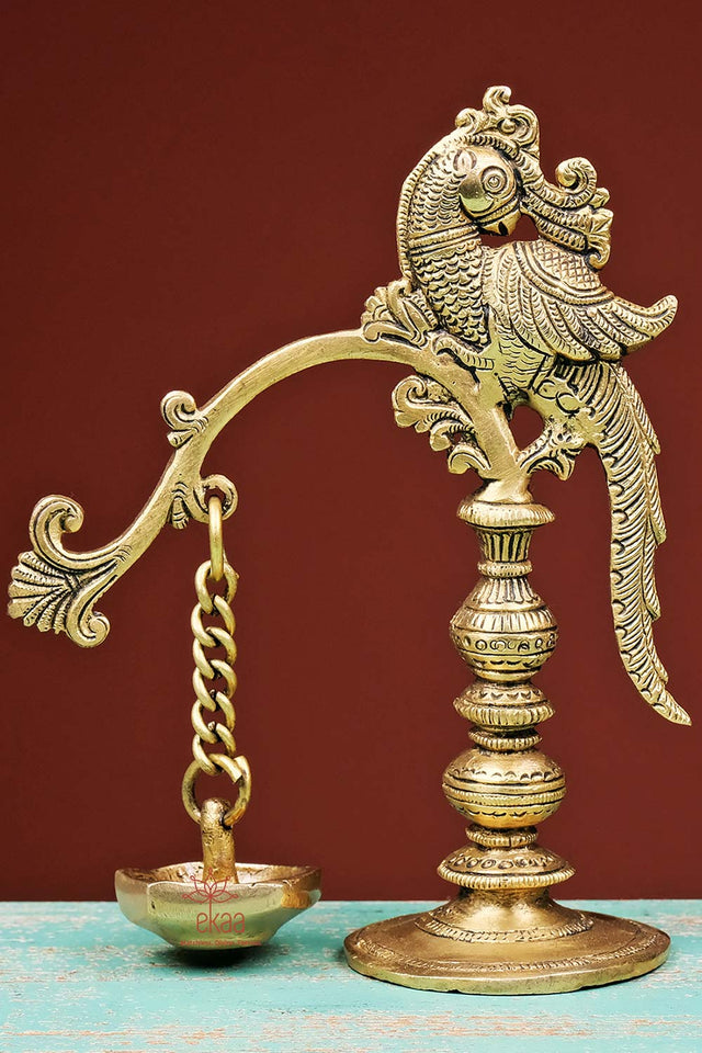 Brass Parrot Deepak With Hanging Diya