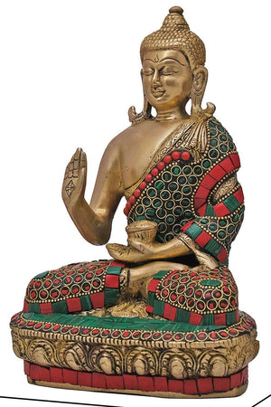 Brass Blessing Buddha Statue With Stonework