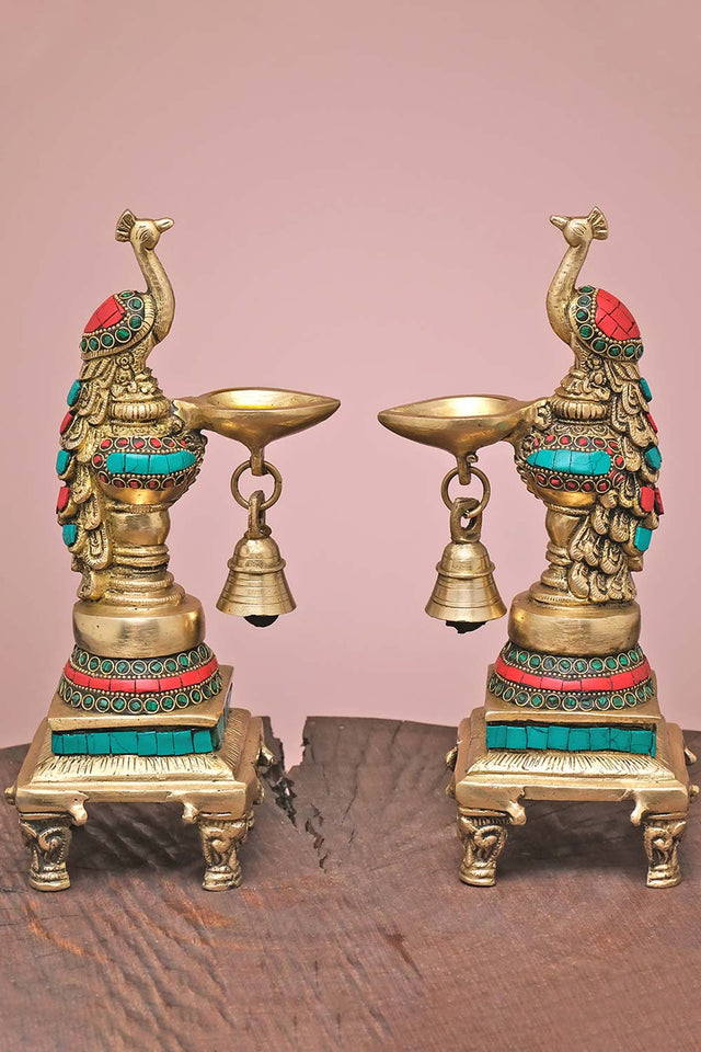 Brass Peacock Diya With Stonework (Set Of 2)