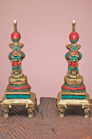 Brass Peacock Diya With Stonework (Set Of 2)