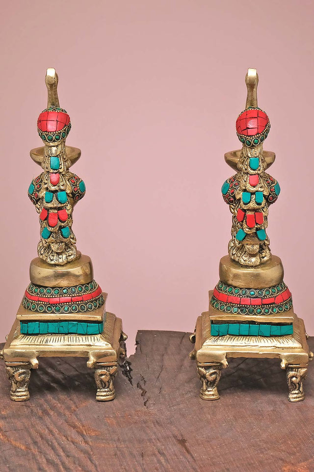 Brass Peacock Diya With Stonework (Set Of 2)