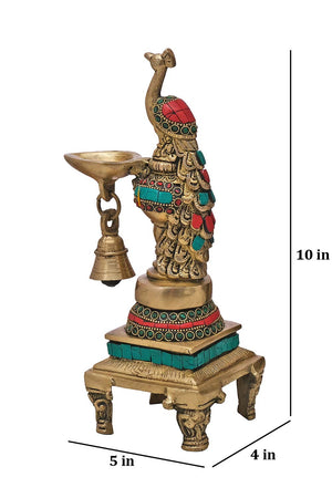 Brass Peacock Diya With Stonework (Set Of 2)