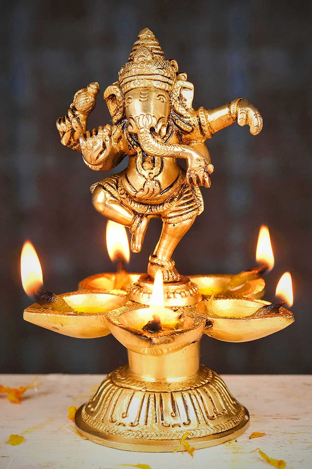 Brass Lord Ganesha Oil Diya With 5 Wick Lamp