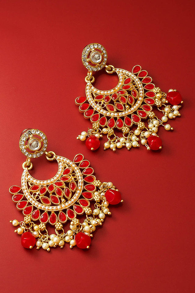 Buy Women's Alloy Chandbali Earrings in Gold and Red