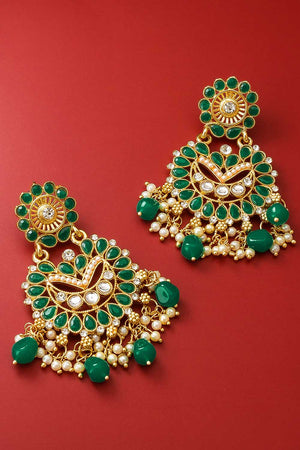 Buy Women's Alloy Chandbali Earrings in Gold and Green