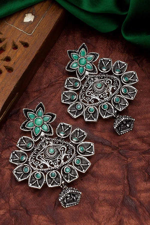 Buy Women's Oxidized Large Dangle Earrings in Silver and Green