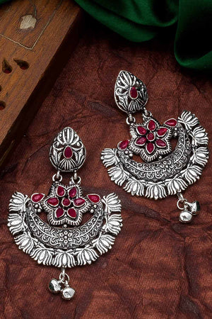Buy Women's Oxidized Chandbali Earrings in Silver and Red
