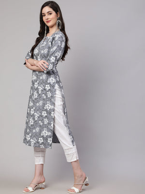 Grey  Pure Cotton Printed Kurti