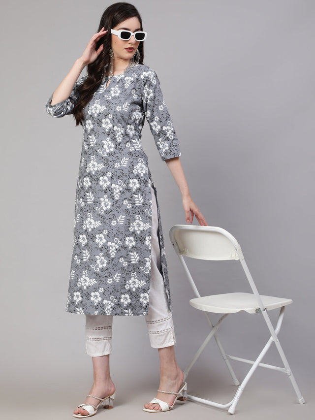 Grey  Pure Cotton Printed Kurti