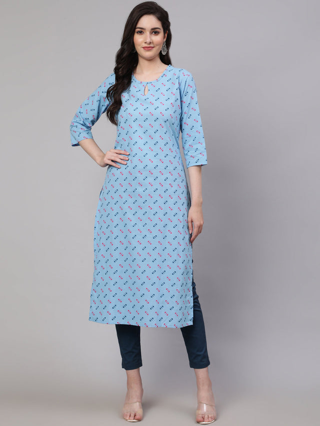 Blue  Pure Cotton Printed Kurti