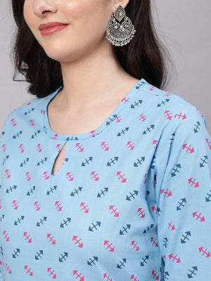 Blue  Pure Cotton Printed Kurti