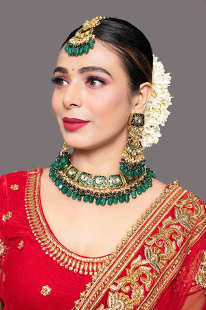 Green Gold Tone Kundan Enameled  Necklace Sets With Maang Tikka (FEMBD002)