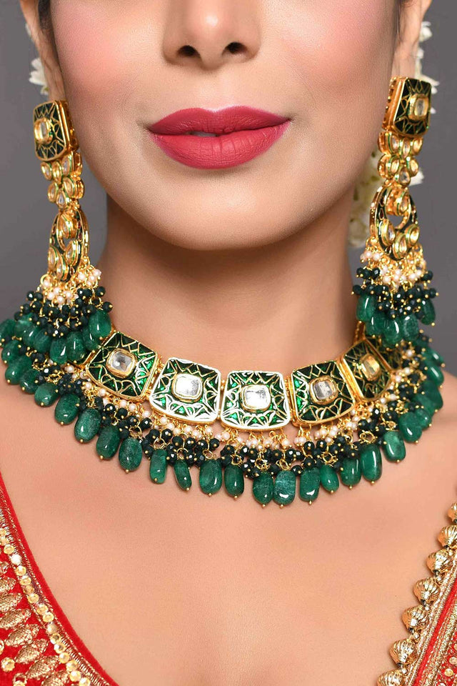 Green Gold Tone Kundan Enameled  Necklace Sets With Maang Tikka (FEMBD002)